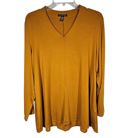 Eileen Fisher Long Sleeve Fine Jersey V-Neck Long Top in Goldenrod Size XL - Picture 1 of 11